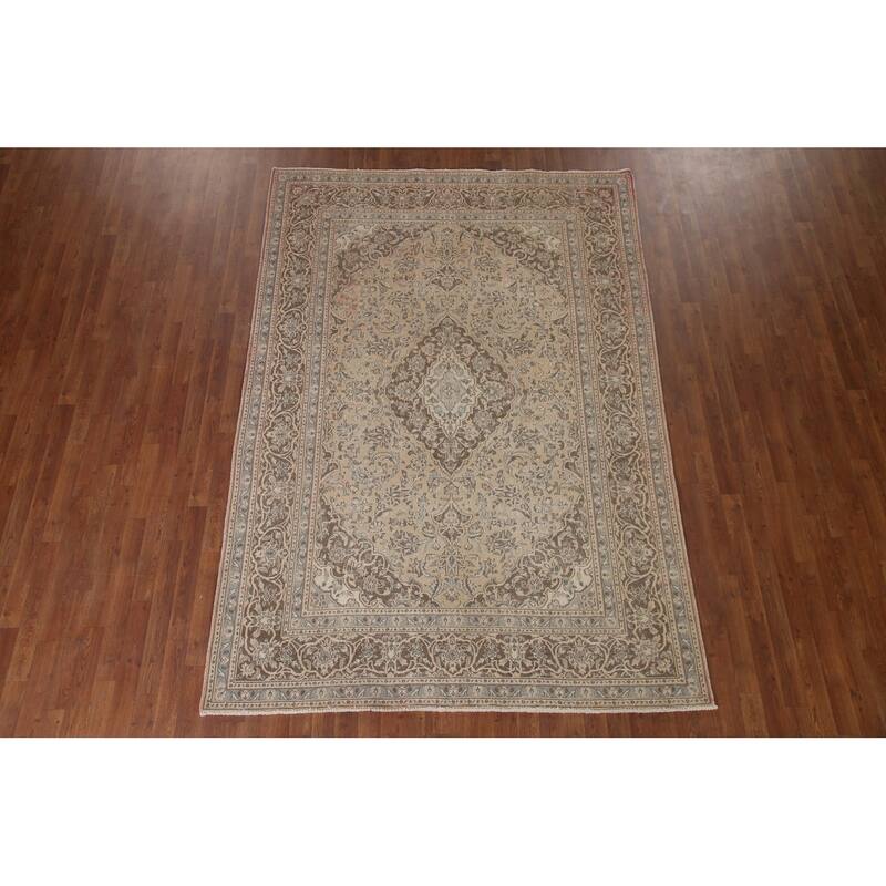 Distressed Mashad Persian Antique Area Rug Hand-knotted Wool Carpet - 6'3" x 9'0"