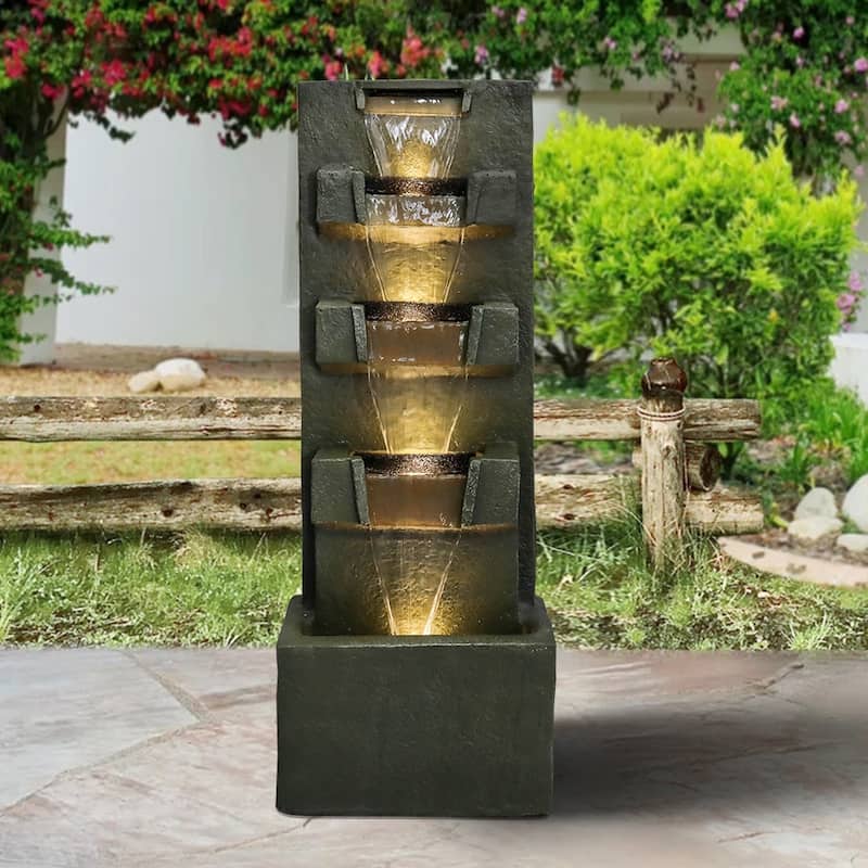 39.3-in High Floor Waterfall Fountain with LED Lights for Home Decor - Stone - Floor - Grey