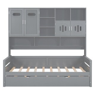 Twin Wooden Daybed With Size Trundle and All-in-One Cabinet, Grey