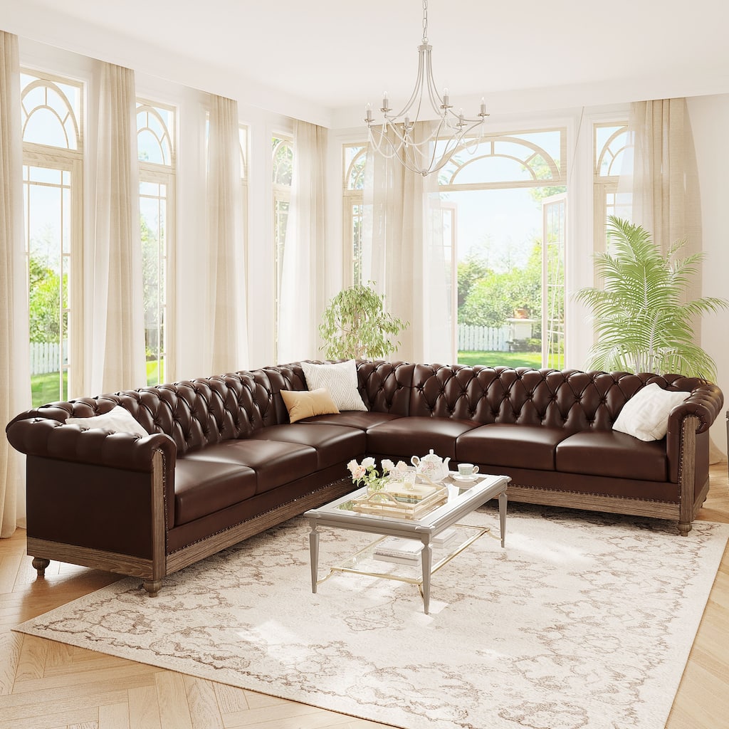 L-Shaped Sectional Sofa with Nailhead Trim & Wooden Legs, PU Leather Upholstered Sofa, Large Corner 6-Seater Sofa