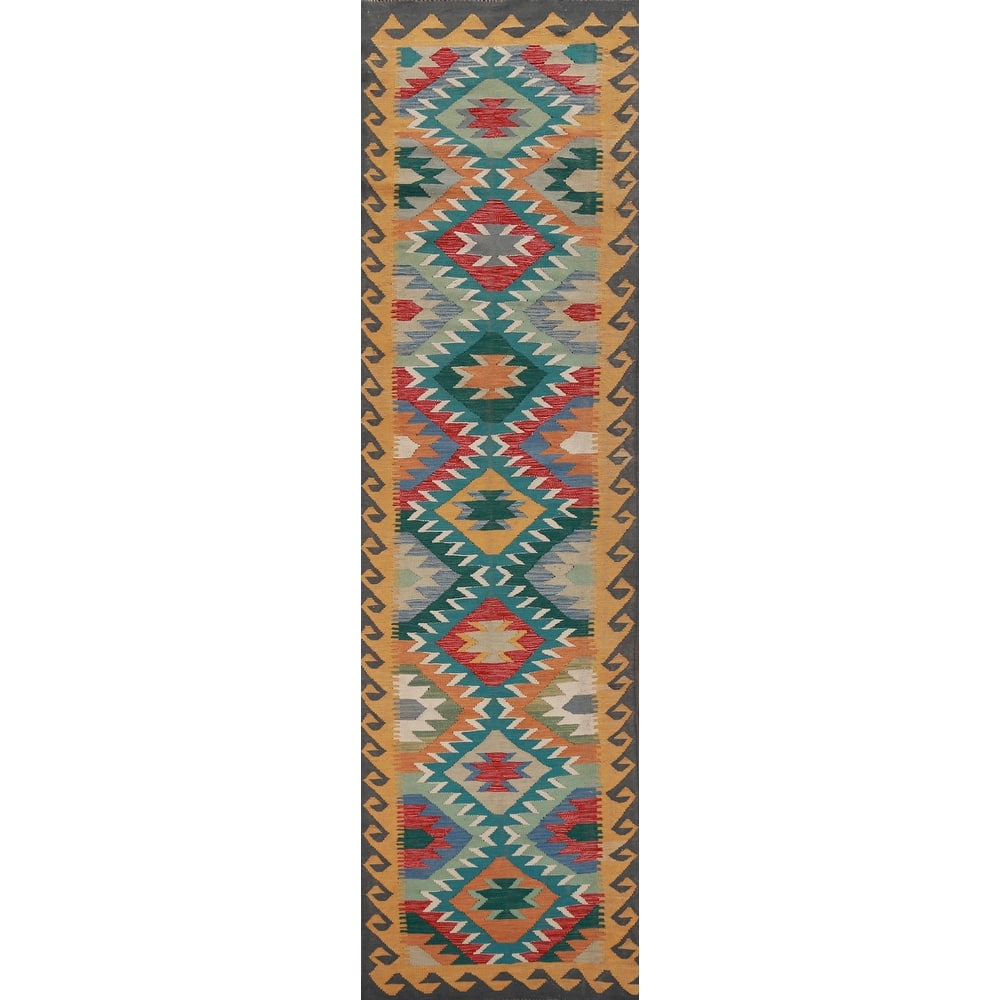 Hand Woven Oriental 100% Wool Carpet Southwestern Geometric Multi-Colored Kilim Runner Rug - 12' 8'' X 2' 9''