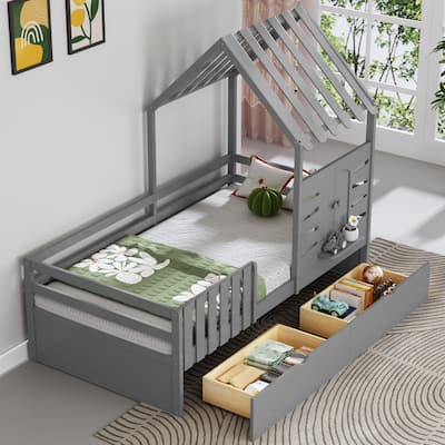 Roomfitters Twin House Bed Frame with Storage Bins and Guardrails, Playhouse Bed with Roof and Window