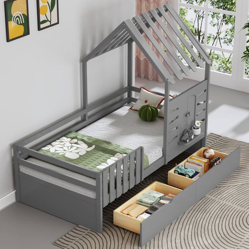 Twin Size House Bed with Guardrails, Storage Drawers, Roof, and Window Design - Gray