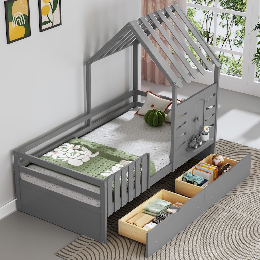 Twin Size House Bed with Guardrails, Storage Drawers, Roof, and Window Design