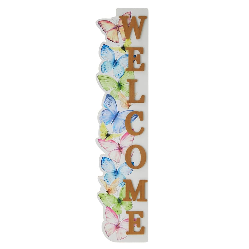 Glitzhome 42"H Solid Wood WELCOME Porch Sign with Bee or Butterfly Outdoor Decor