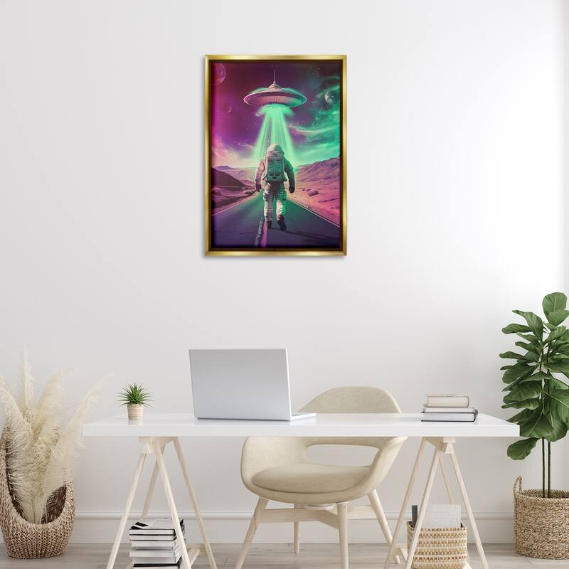 Stupell Astronaut Walking Toward UFO Framed Floater Canvas Wall Art Design By Wumples