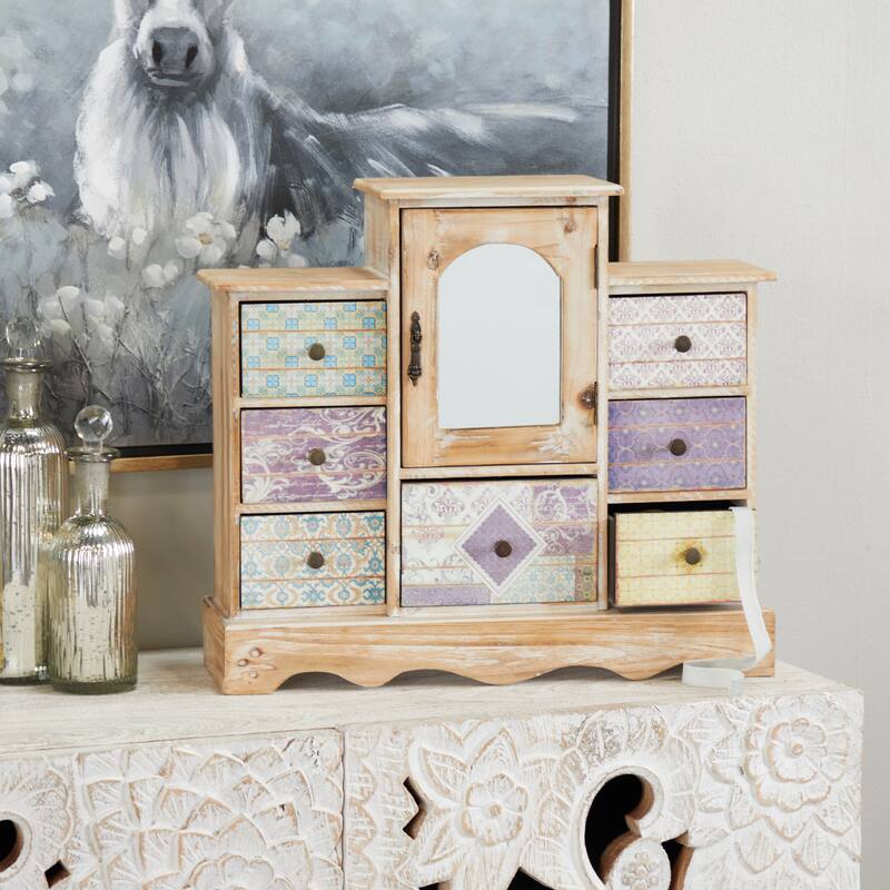 Light Brown Wooden 7 Drawers Decorative Jewelry Box with Patchwork Patterns - Light Brown