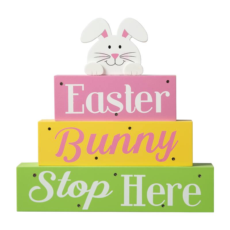 Glitzhome 12"L LED Lighted Easter Wooden Bunny Block Word Sign Table Decor Spring Gifts