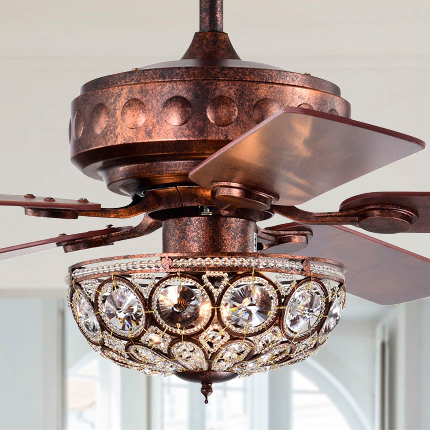 Warehouse of Tiffany Jasiah 52 Inch Antique Copper Finish Mid-Century Style Crystal Ceiling Fan with Remote