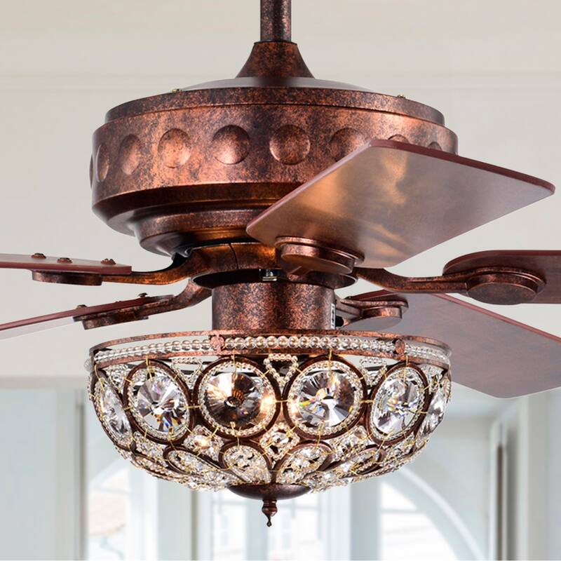 Jasiah 52 Inch Antique Copper Finish Mid-Century Style Crystal Ceiling Fan with Remote