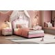 preview thumbnail 4 of 37, Twin Upholstered Platform Bed with Crown-Shaped Headboard, Pink & White Princess Design, Sturdy PU Leather Frame