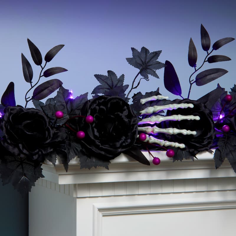 National Tree Company 6 ft. Artificial Bad to the Bone Halloween Garland, 30 Purple LED Lights, Battery Operated - 6 ft