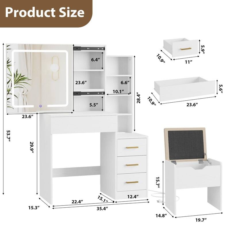 Vanity Desk with Sliding Mirror, LED Lights, Storage Drawers, Charging Station, Stool