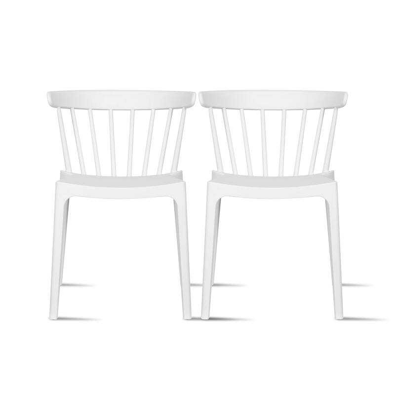 Set of 2 Stackable Modern Plastic Low Back Windsor Dining Chairs With Spindle Back For Kitchen Indoor Outdoor Patio Office - White
