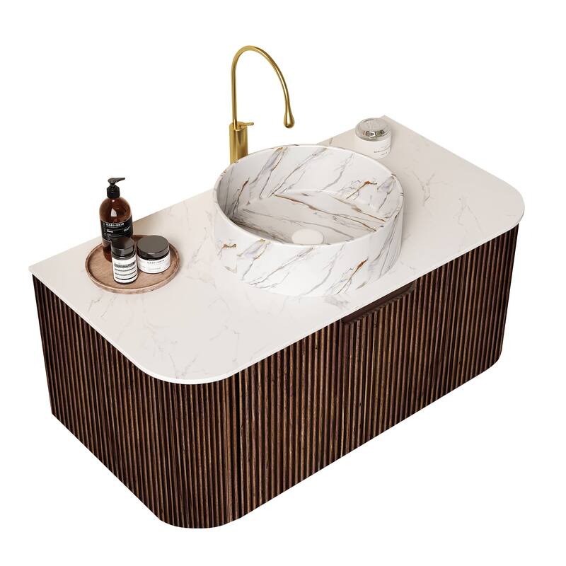 24 Inch/30 Inch/36 Inch Wall-Mounted Bathroom Vanity Cabinet with Counter Top Sink, Round Ceramic Basin with Stone Pattern