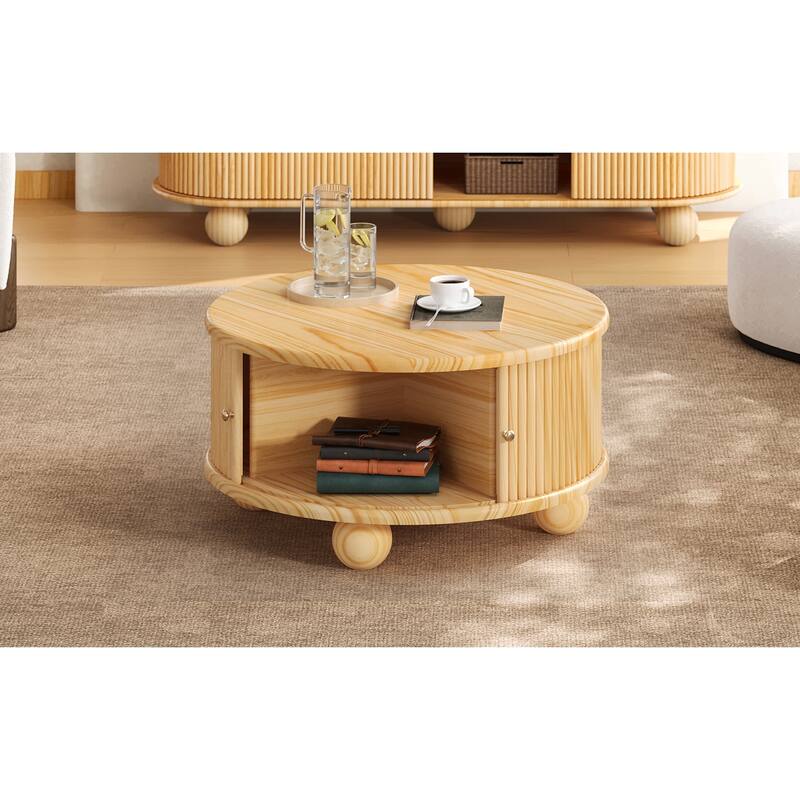 31.8" Round Fluted Pine Coffee Table with Sliding Door Storage - Natural Finish