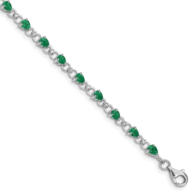Curata 925 Sterling Silver Polished Open back Fancy Lobster Closure Emerald and Diamond Bracelet