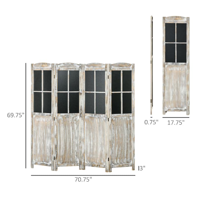 4 Panel Room Divider, 5.6' Tall Farmhouse Style Folding Indoor Portable Wood Privacy Screen with Black Boards