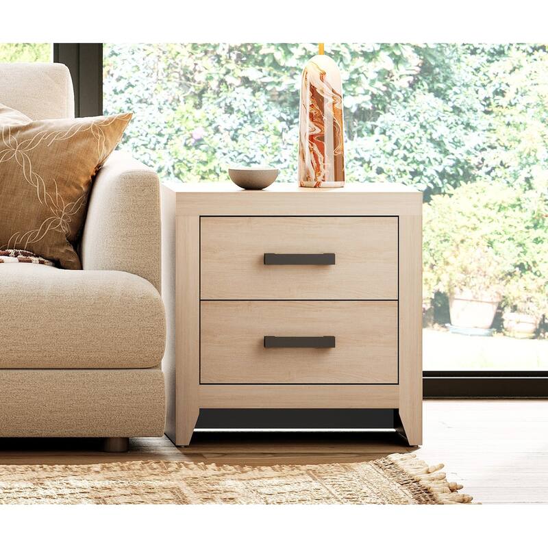 WAMPAT Farmhouse End Table with 2 Storage Drawers - Rustic Brown Accent Table for Bedroom & Living Room - Beige-1PC