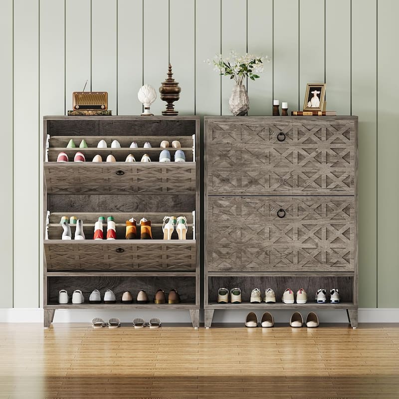 Narrow Hidden Shoe Storage Cabinet with 2 Flip Drawers