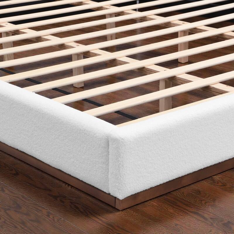 White Fabric Upholstered Bed with Boucle Headboard and Solid Wood Grain Base Frame, No Box Spring Needed