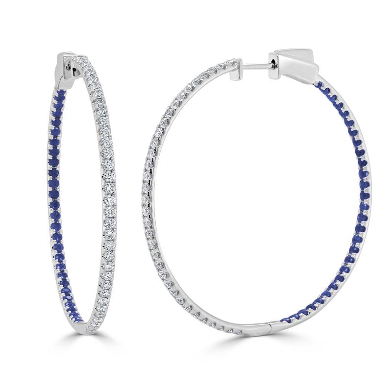 Joelle Collection Sapphire & Diamond Hoop Earrings 14K Gold 1.75 inches - White