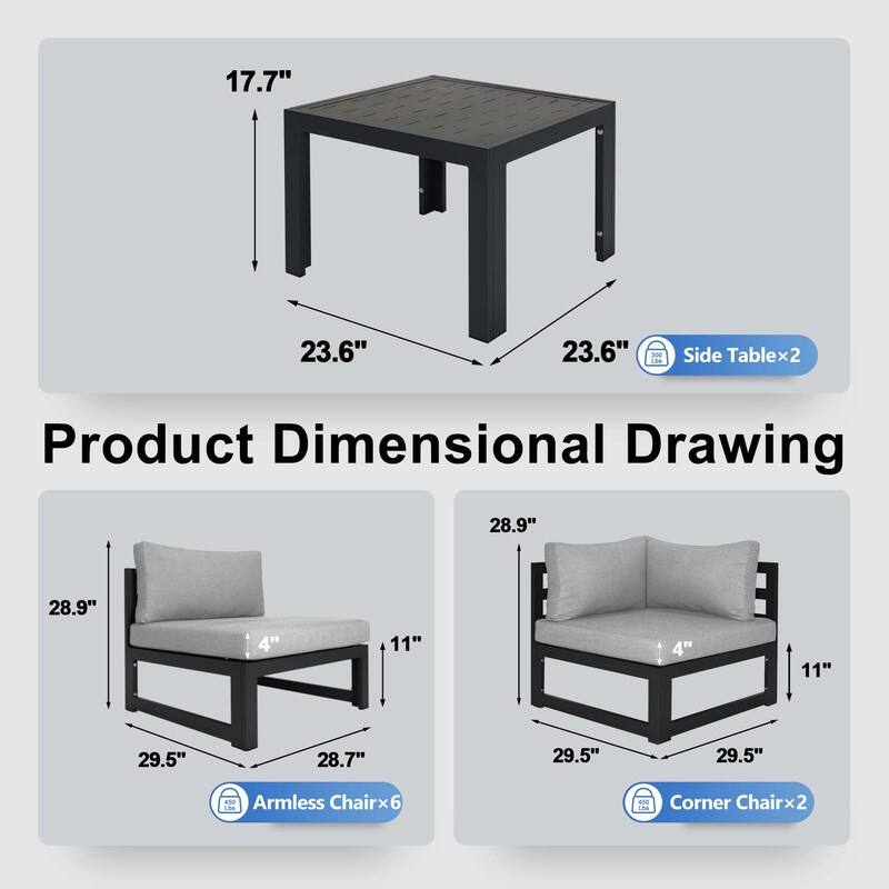 FINCATI Oversized Modular Aluminum Outdoor Furniture Set, 29" Deep Wide Sectional Seating Aluminum Patio Set with Coffee Tables