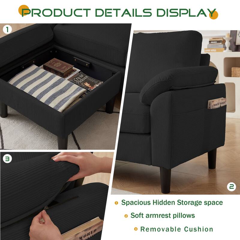 3 Pieces Corduroy Living Room Set with Sectional Sofa, Ottoman and Chair