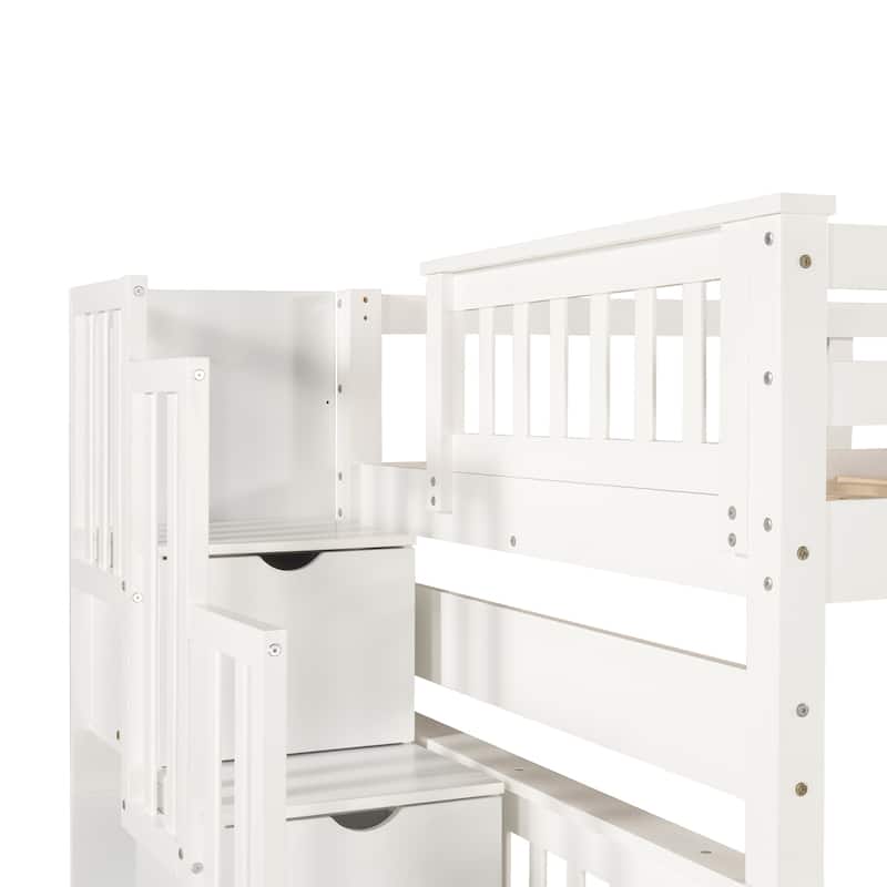 Full Over Full Bunk Bed with Stairs and 6 Storage Drawers, Solid Wood