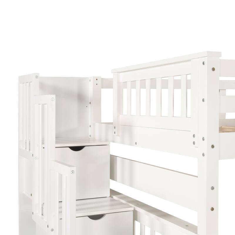 Heavy Duty Wood Bunk Bed Full Over Full Superior Quality Bunk Bed 2 Drawers and Storage Stairs and Side Shelves - Grey