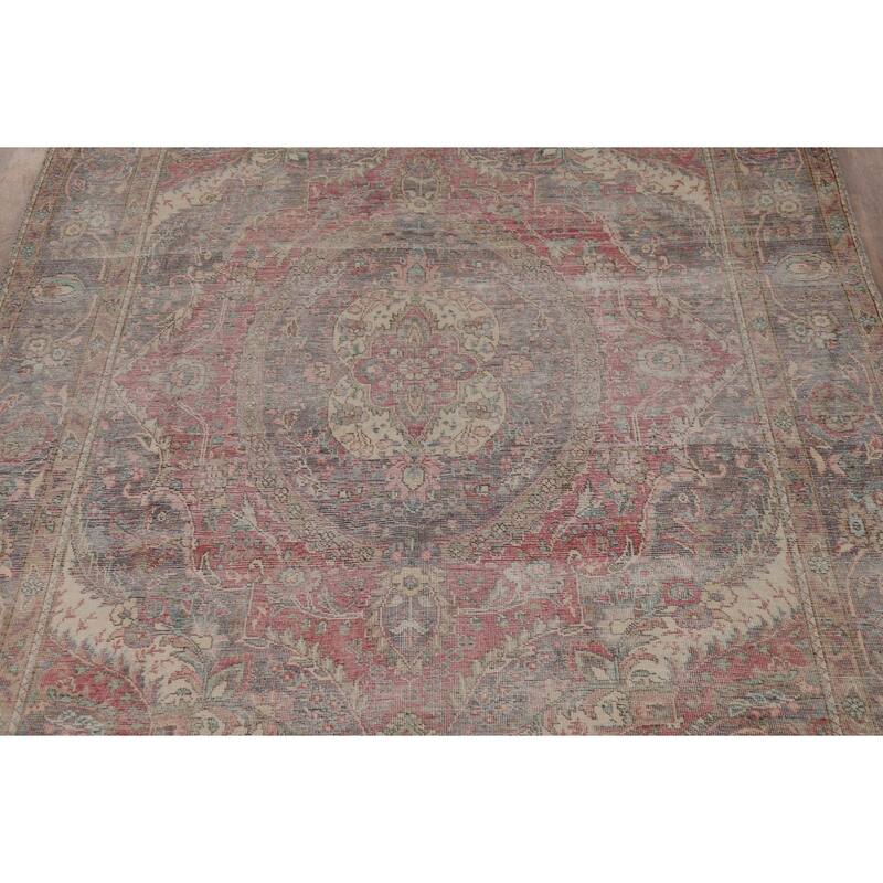 Tabriz Persian Vintage Area Rug Hand-Knotted Medallion Wool Carpet - 6'9" x 9'3"