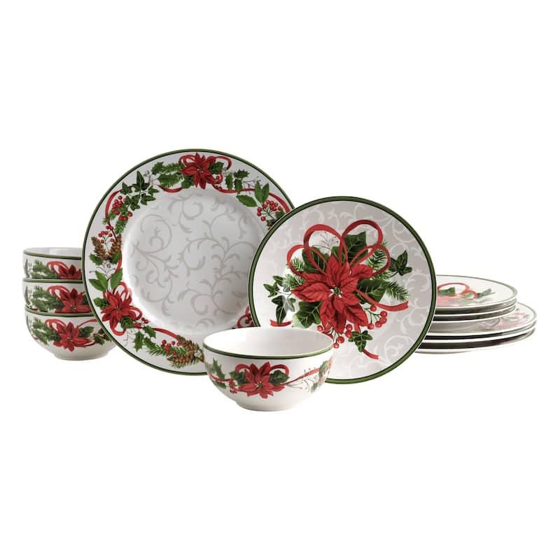 222 Fifth Holiday Festivities 12-Piece Porcelain Dinnerware Set for 4, White/Red Dish Set - Service for 4 - 12 Piece - White/Red/Green