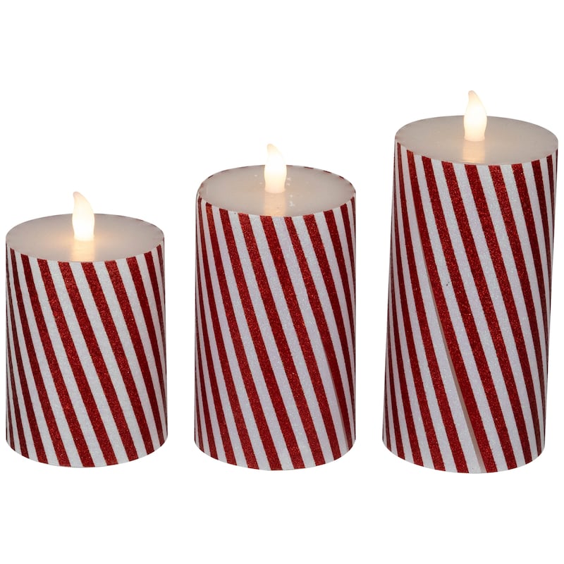 LED Flickering Flameless Candy Cane Striped Christmas Wax Pillar Candles - 6" - Set of 3