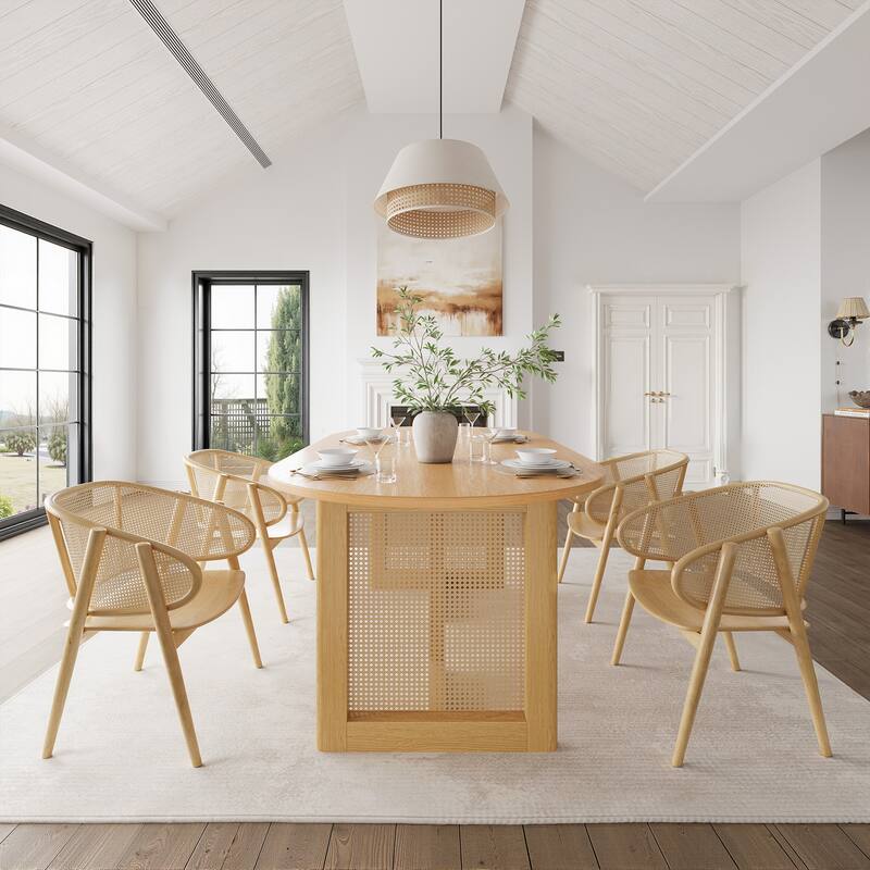 67" Dovelina Oval Dining Table with Rattan Double Pedestal for 6 People