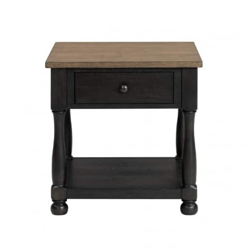 Ginie End Table, 1 Drawer, Black Brown Solid Rubberwood, 24 Inch