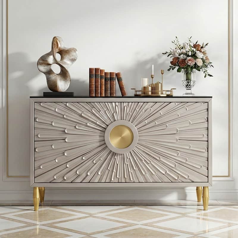 Modern 62.99'' Sideboard Decorative Cabine with Sintered Stone Top - 62.99"L x 15.75"D x 38 58"H - Champagne Gold