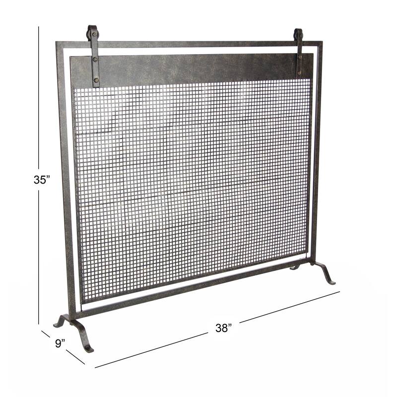 Black Metal Suspended Grid Single Panel Geometric Fireplace Screen with Bolted Detailing