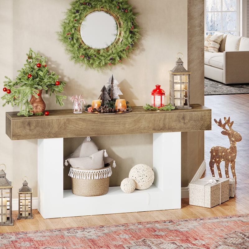 Farmhouse 63-Inch Long Console Table, 2-Tier Entryway Table Sofa Table with Storage - Brown & White
