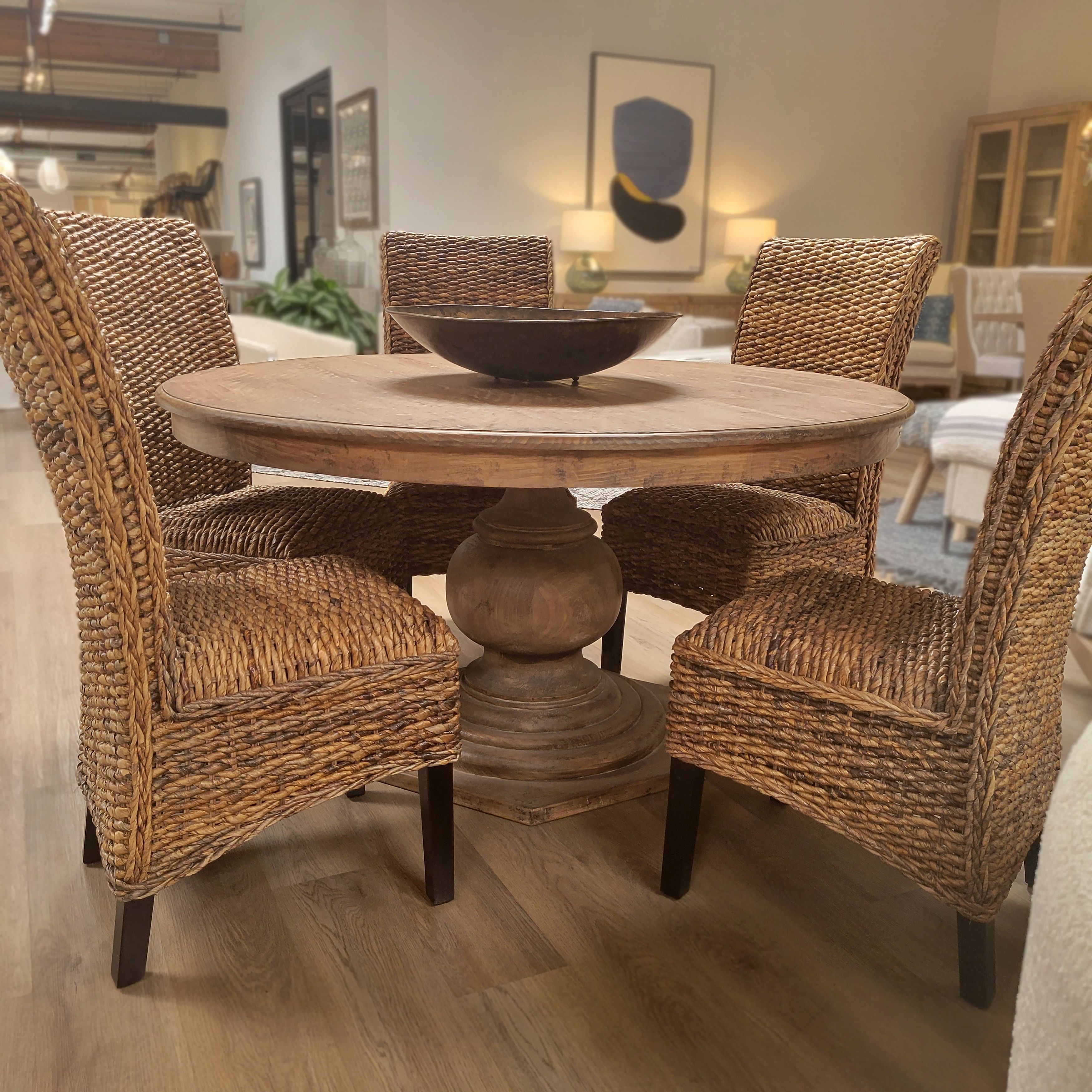 Nico 59-inch Round Reclaimed Pine Antique Natural Carved Pedestal Dining Table