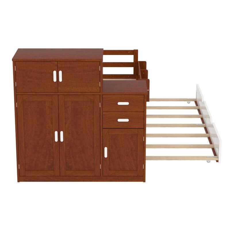 Multifunctional Twin Wood Platform Bed with Bookshelf, Wardrobe, and Trundle, Walnut Finish