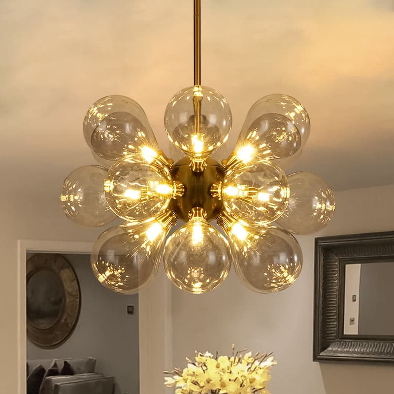 18-Light Cluster Blue Glass Bubble Chandelier - 25in Wide Gold