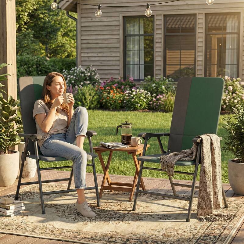 Outsunny Folding Patio Chairs Set of 2, Padded High Back Folding Lawn Chairs with Armrests, 600D Oxford Fabric