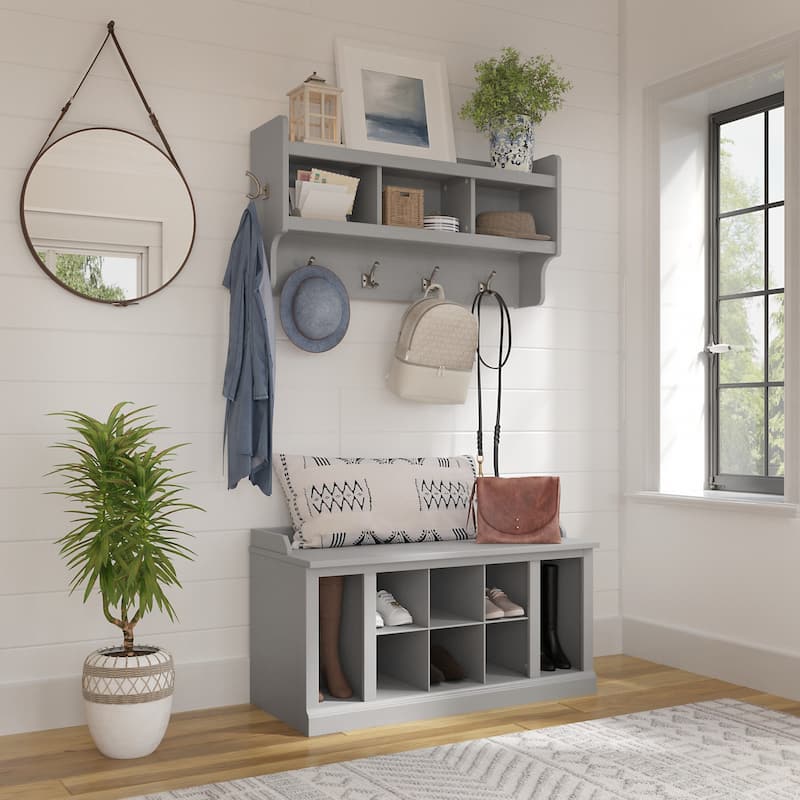 Woodland 40W Shoe Bench w/ Shelves & Wall Coat Rack by Bush Furniture - Cape Cod Gray