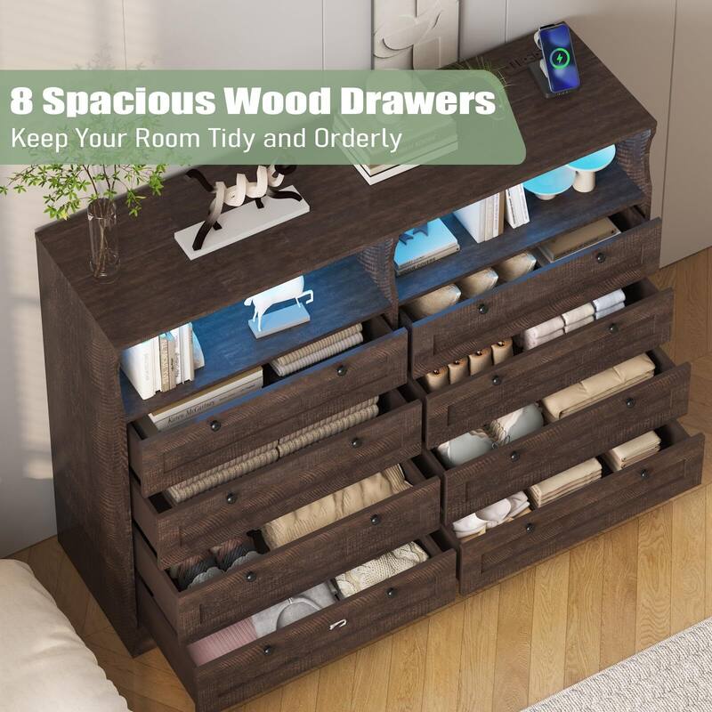 8 Drawers Wooden Dressers for Bedroom Living Room, Hallway, Wood Dressers with Led Lights and Charging Station