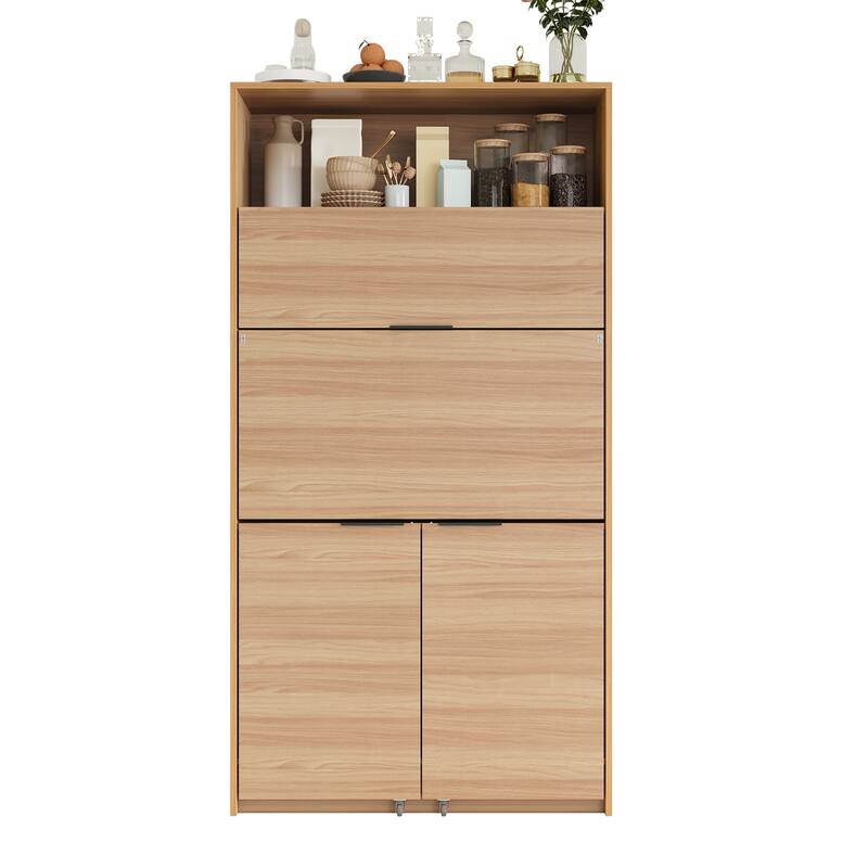 69" Kitchen Pantry Buffet with Hutch, Foldable Workstation & Power Outlet