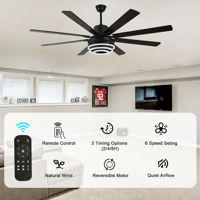 Bella Depot 72" Modern Large Ceiling Fan with Dimmable LED Light and Remote Control 6-Speed Reversible DIY Shade Chandelier