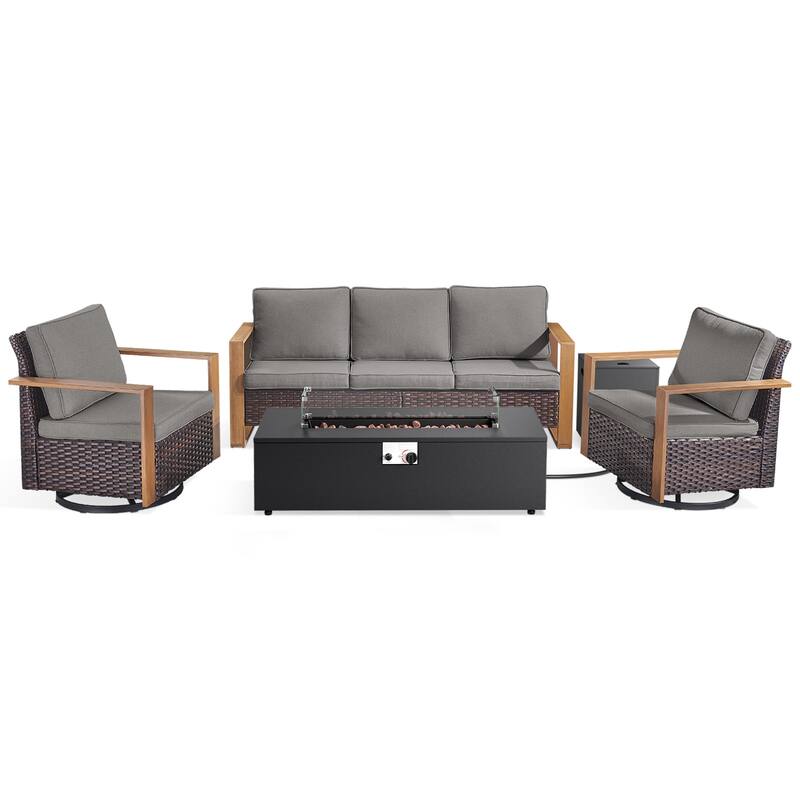 Meyreso Wicker Outdoor Patio Fire Pit Set with Swivel Gliders & 4.5-Inch Olefin Cushions