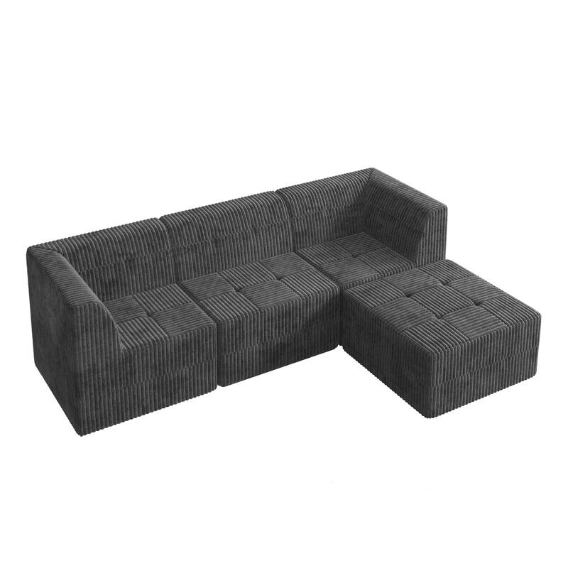 Minimalist Corduroy Upholstered Sectional Sofa with Chaise, Modular Compressed Sleeper Couch with Ottoman for Living Room
