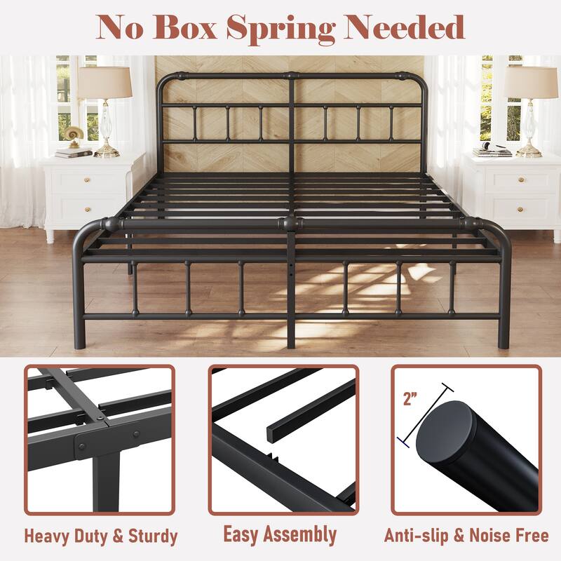 Metal Bed Frame with Victorian Style Wrought Iron-Art Headboard and Footboard
