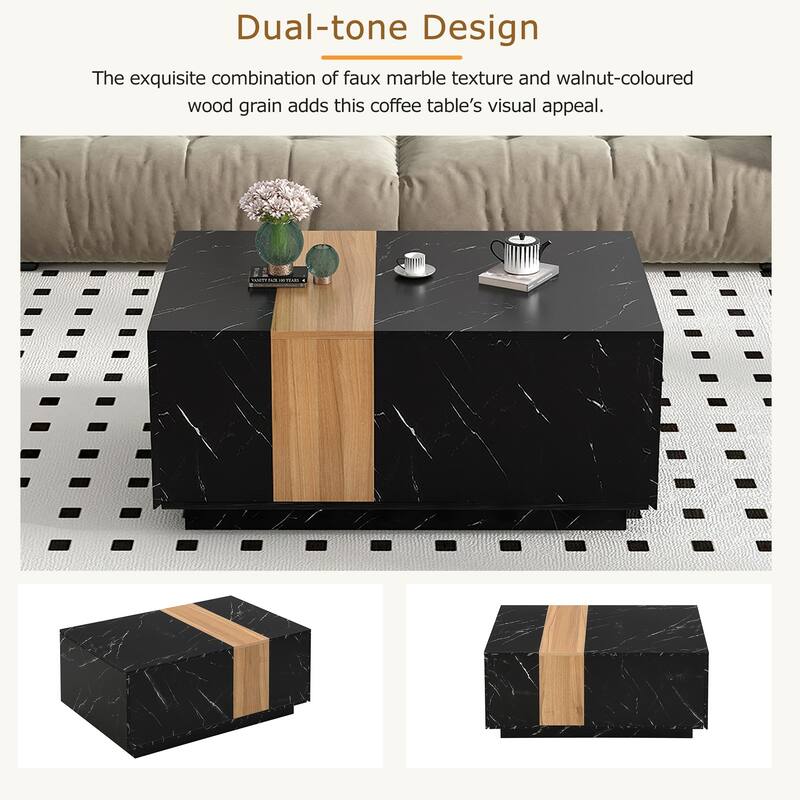 Modern 35.4 x 23.6 Inch Two-tone Coffee Table with Faux Marble and Walnut Wood Grain Finish